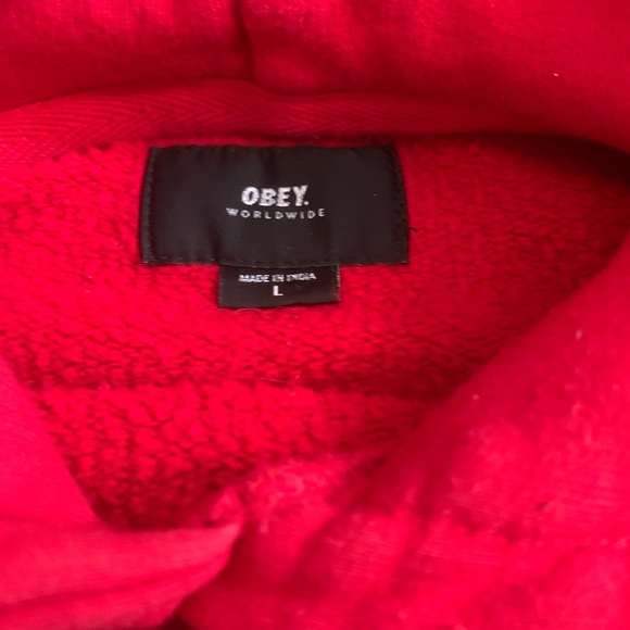 Anyway Hooded Sweatshirt Red Print Hoodie by Obey Sz L Unisex Like New - Picture 6 of 7